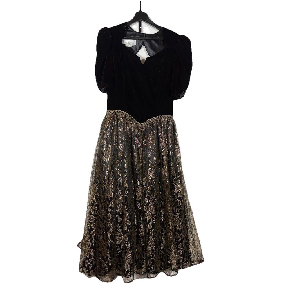 Black Gold Velvet Dress Scott McClintock Lace Puff Sleeve Party Vtg 80s AS IS 10